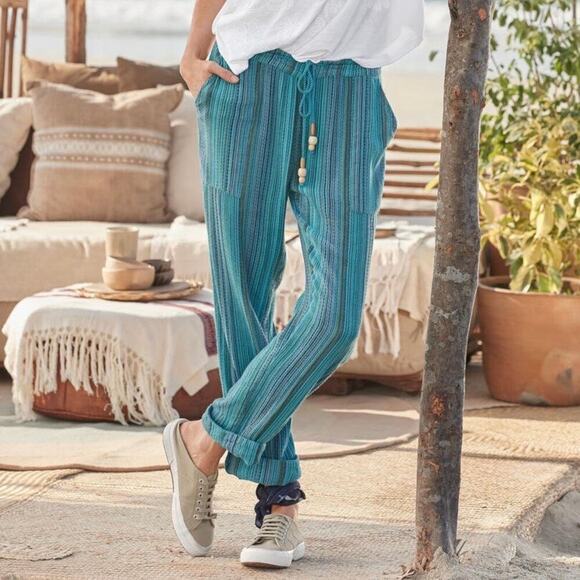 NWT Sundance Bakari Ocean Stripe Boho Drawstring Pull On Relaxed Pants Size L - Picture 1 of 7